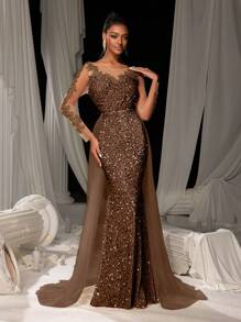 Elisanya Elegant Sequin-Glitter Mermaid Tail Gown With Floral Embroidery & Flowing Tulle Train | Luxury Evening Dress For Black Tie Galas, Weddings - Rust Brown - View 7