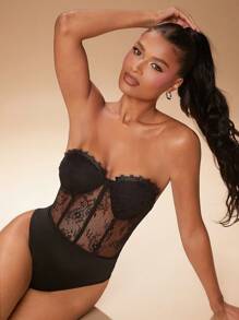 Hauture Women's Solid Color Lace Patchwork Sheer Bandeau Bodysuit