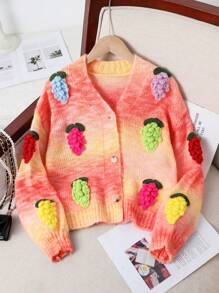 Tween Girls Fashionable New Gradient Orange V-Neck Button-Up Long Sleeve Cardigan, Autumn & Winter - Orange - View 1