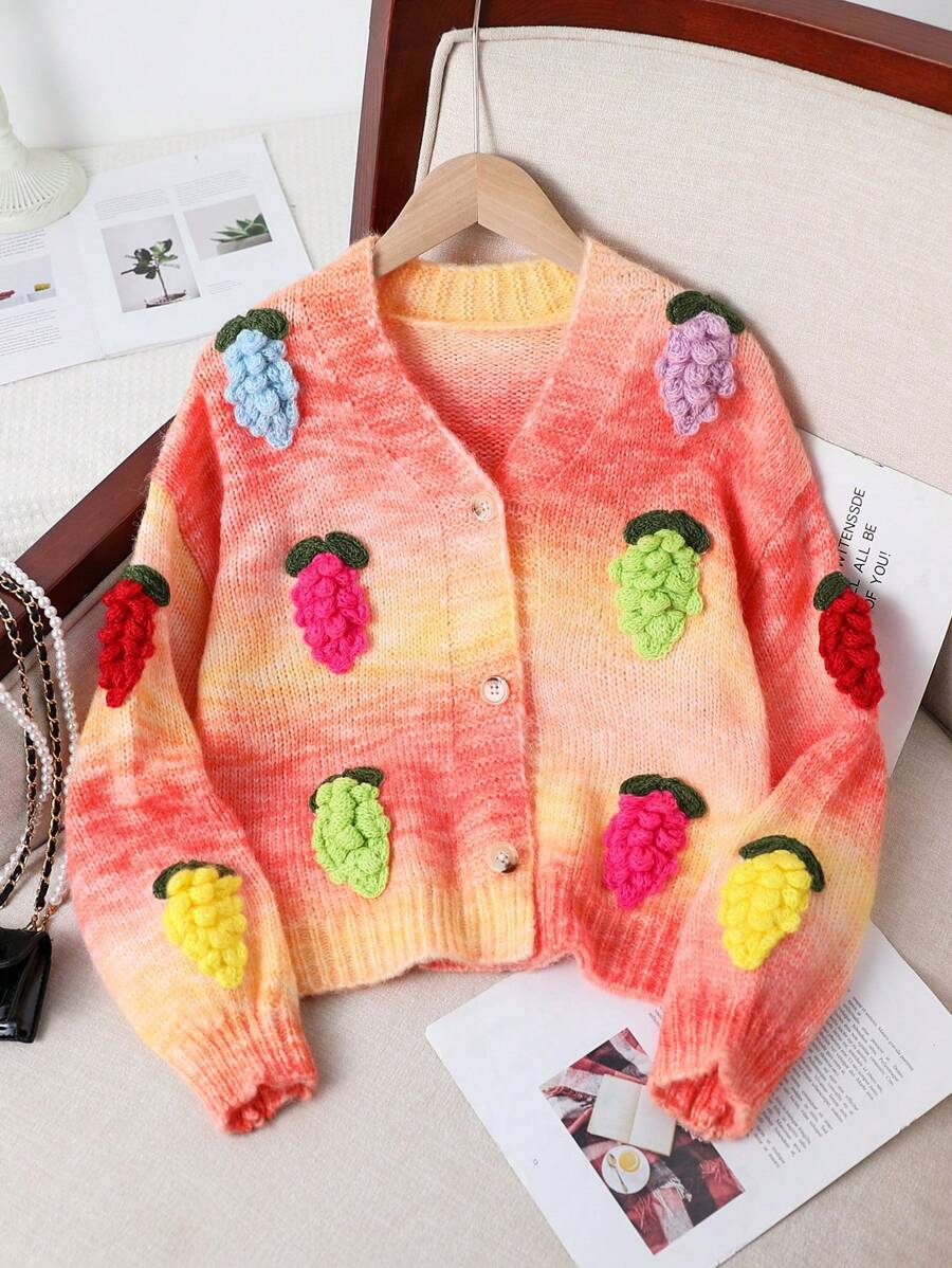 Tween Girls Fashionable New Gradient Orange V-Neck Button-Up Long Sleeve Cardigan, Autumn & Winter - Orange - View 1