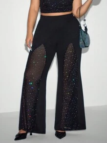 SHEIN ICON Plus Size Women's Solid Color High Waist Splice Rhinestone Mesh Flare Pants, Halloween Costume - Black - View 2