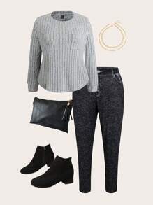 SHEIN LUNE Plus Size Button Waist Band Pocket Sequin Printed Slim Fit Casual Leggings For Autumn & Winter - Black - View 6