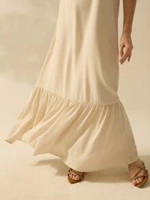 CAJUNI Vestido beige de verano casual para vacaciones de mujer con un hombro y cordones - Beis - Ver 9