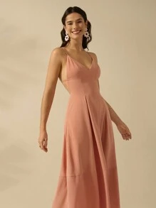 CAJUNI 女式 V 领肉粉色细肩带中长连衣裙，假日休闲海滩夏装 - 淺粉色 - 查看 4