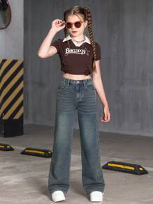 SHEIN Explorewe Tween Girl All-Match Classic Retro Distressed Washed Wide Leg Denim Jeans Summer Holiday - Medium Wash - View 8