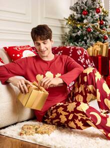 Happy Jammies 2 件套男士圣诞主题印花圆领长袖睡衣套装 - 紅色 - 查看 9