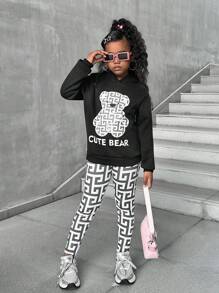 SHEIN 2pcs/Set Tween Girls' Casual Bear Letter & Geometric Print Hoodie Sweatshirt And Geometric Print Leggings, Suitable For Leisure And Outdoor Wear In Autumn, Winter And Spring