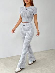 SHEIN PETITE 纯色针织拼布休闲两件套适合秋冬季 - 灰色 - 查看 4