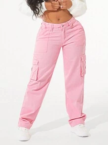 SHEIN SXY 休闲纯色工装牛仔裤 - 粉色 - 查看 2