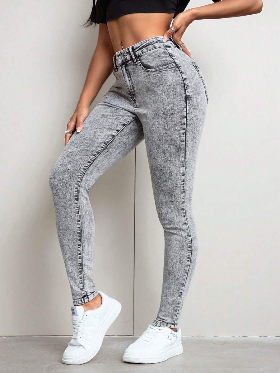 SHEIN SXY Quần Jeans Denim Skinny Thường Ngày Đa Năng Cho Nữ - Xám - Xem 1