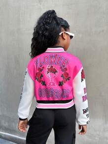 Tween Girl' Badge Graphic Patchwork Short Varsity Jacket, Thermal Lined Bomber Jacket For Autumn & Winter - Multicolor - View 6