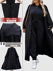 SHEIN CURVE+ 3 件大码休闲休闲长款夹克、裤子和打底上衣套装