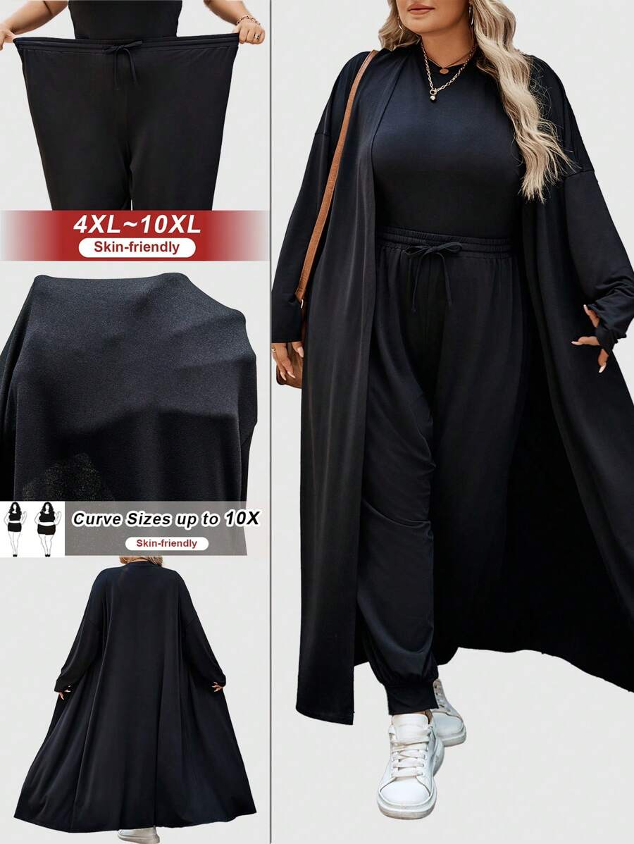 SHEIN CURVE+ 3 件大码休闲休闲长款夹克、裤子和打底上衣套装