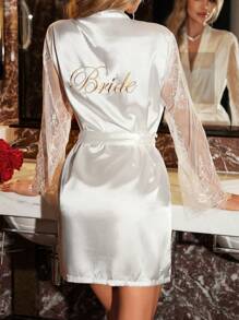 SilkySpell Letter Graphic Contrast Lace Belted Satin Robe, Fall & Winter Cozy And Elegant - White - View 1