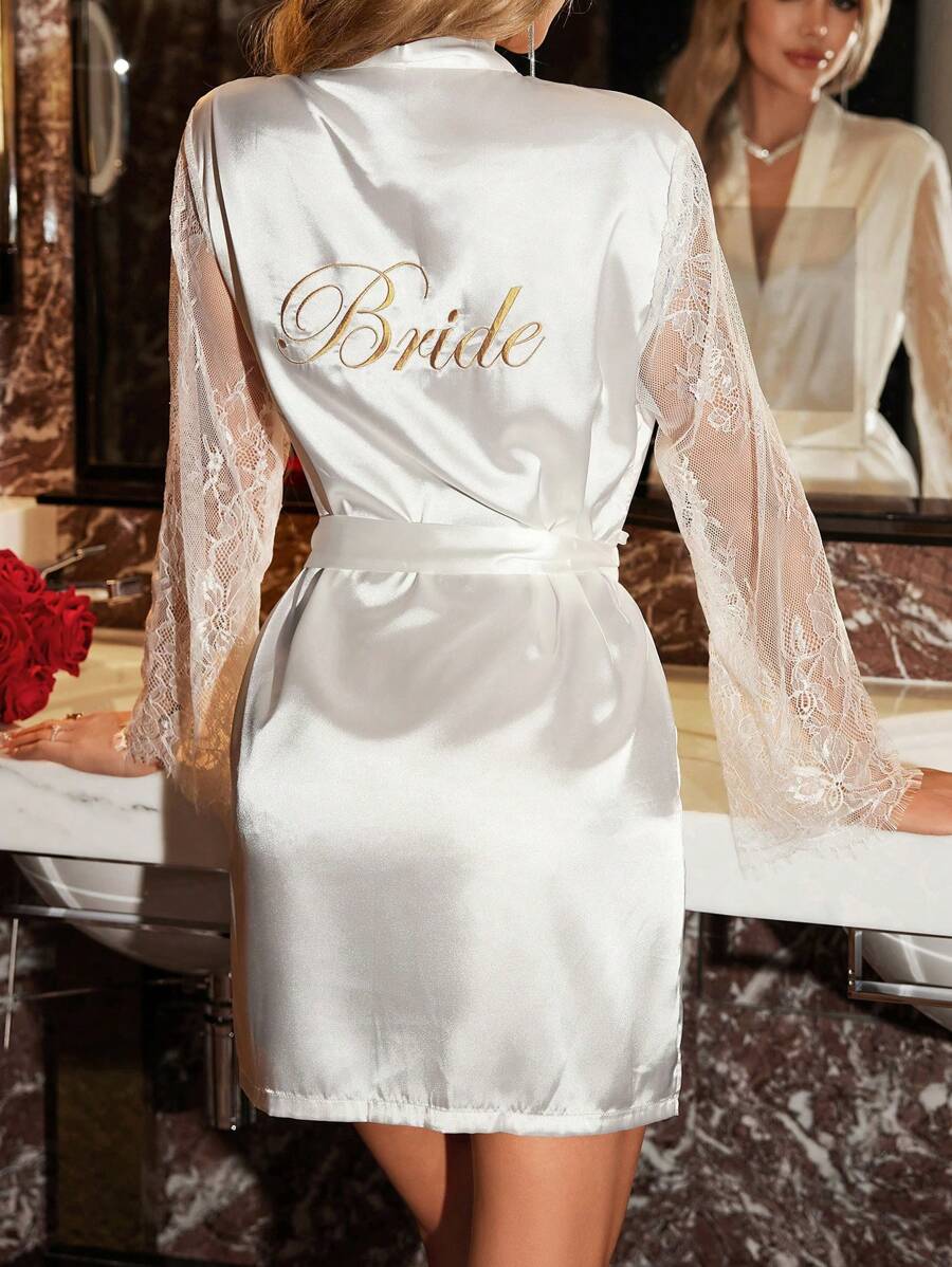 SilkySpell Letter Graphic Contrast Lace Belted Satin Robe, Fall & Winter Cozy And Elegant - White - View 1