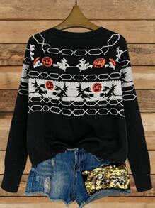 大码万圣节南瓜几何图案毛衣