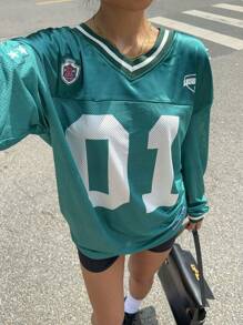 Muchica Women's New Number & Letter Printed Soccer T-Shirt, Back To School Casual Wear