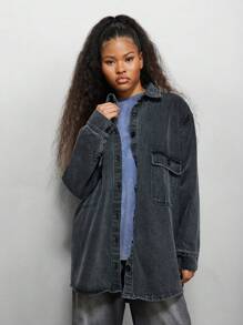 SUMWON WOMEN Áo sơ mi denim giặt rộng vừa vặn - Màu xám đen - Xem 1