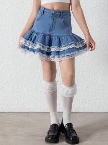 Váy denim cho bé gái tuổi teen có ren, thiết kế mềm mại dễ thương có lót, phong cách giản dị và thời trang mới - Rửa trung bình - Xem 4