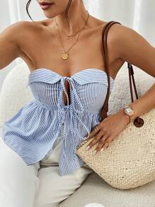 SHEIN Frenchy 女士夏季条纹前系带荷叶边下摆抹胸上衣 - 藍白色 - 查看 3