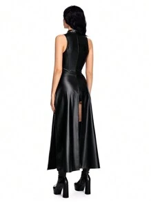 ROMWE Avant 2 件性感 PU 连帽斗篷和迷你短裤万圣节角色扮演服装套装 - 黑色 - 查看 5