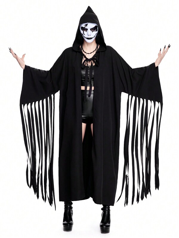 ROMWE Avant Roleplay Ghost Tassel Hooded Collar Long Sleeve Cosplay Costume Cloak Outerwear, Women Halloween Clothes