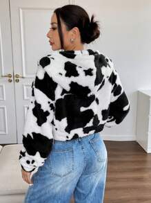 Comfortcana Women's New Autumn Cow Print Fluffy Hooded Cardigan Jacket - Black and White - View 2