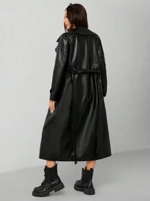 SHEIN PETITE Women's PU Trench Coat Long Coat In Fall/Winter - Black - View 4