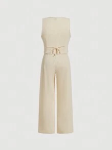 SHEIN MOD Bộ 2 món áo vest đen cổ chữ V sâu màu trơn có nút cài phía trước và quần may phía trước cho đêm hẹn hò cỡ lớn - Màu be - Xem 2