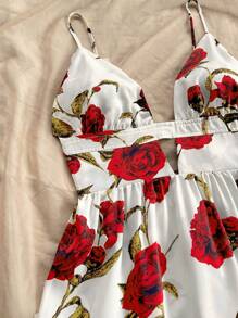 Soleia V-Neck Spaghetti Strap Backless Floral Print A-Line Mini Dress For Women, Autumn/Winter - Multicolor - View 3