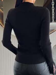 DAZY 女式蕾丝拼布修身套头衫、长袖上衣、秋装 - 黑色 - 查看 2