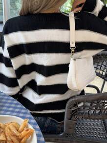 SHEIN EZwear Striped Pattern Drop Shoulder Sweater - Black and White - View 2