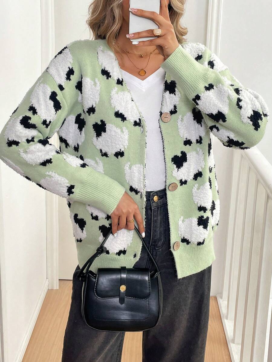 SHEIN LUNE كارديجان أكمام طويلة أمامي بأزرار بياقة على شكل حرف في رقبة بطباعة كرتونية - أخضر - مشاهدة 1