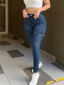 Women's Y2K Casual Skinny Cargo Jeans, Autumn - Medium Wash - View 5