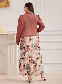 Modelyn 2 件大码套装：翻领长袖上衣和全身印花优雅连衣裙 2 件套