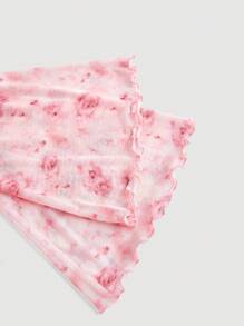 SHEIN MOD Plus Size Romantic Pink Floral Print Gathered Mesh Flare Sleeve Dress - Multicolor - View 4