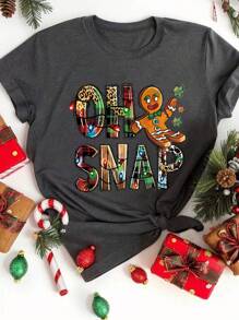 Chiquease 女士夏季休闲圣诞字母印花圆领短袖T恤图案上衣 - 深灰色 - 查看 1