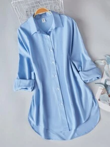 SHEIN Teen Girl Casual Basic Preppy Elegant Pleated Ruffled Collar Long Sleeve White Blouse For Girls, Suitable For Autumn, Winter, School, Back To School Season, Party, Stage Performance, Awards Ceremony, Daily Wear - Blue - View 3