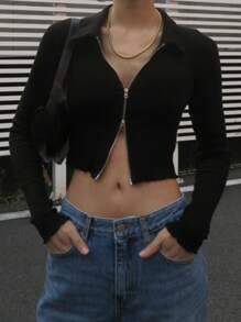 DAZY 女士短款修身T恤长袖女式上衣 - 黑色 - 查看 8