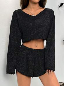 SHEIN EZwear Women's Lantern Sleeve V-Neck Sweatshirt With Shorts Co-Ord Set, Spring Autumn - Grey - View 6