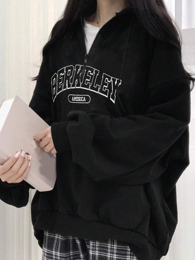 Women's Letter Print Zipper Partial-Placket Hooded Fleece Sweatshirt,Fall Clothes,Thermal Lined