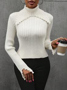 Chiquease Women Simple Solid Color Turtleneck Long Sleeve Sweater, Casual Daily Wear, Knit Pullover Fall Winter - Apricot - View 3