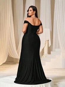 Faeriesty Vestido de fiesta formal de noche con escote asimétrico, contraste de pliegues y dobladillo envolvente elegante para tallas grandes - Negro - Ver 3