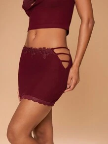 Hauture Women's Lace Patchwork Applique Bodycon Burgundy Mini Skirt,Autumn Bandage Side Cut-Out Strap Detail Night Out Skirts For Club Party Performance - Burgundy - View 3