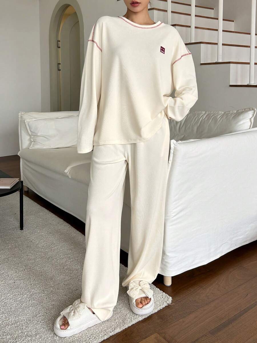 DAZY 撞色装饰休闲家居服套装睡衣 - 杏色 - 查看 1