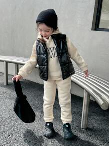 3pcs Young Girl Casual Street Chic Ensemble - Cream Hooded Sweatshirt, Black Padded Vest, And Sweatpants Set, Suitable For Autumn/Winter Leather Outfit For Young Girl - Apricot - View 3