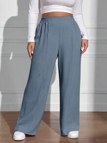 SHEIN EZwear 大码女式纯色松紧腰阔腿宽松休闲裤 - 淺藍色 - 查看 5