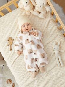 SHEIN Newborn Baby Boy Cute Cartoon Hooded Plush Jumpsuit Suitable For Autumn And Winter Home & Outdoor Wear