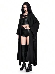 ROMWE Avant 角色扮演鬼魂流苏连帽领长袖角色扮演服装斗篷外套，女士万圣节服装 - 黑色 - 查看 5