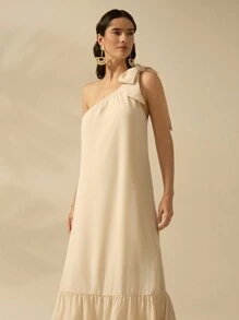 CAJUNI Vestido beige de verano casual para vacaciones de mujer con un hombro y cordones - Beis - Ver 4